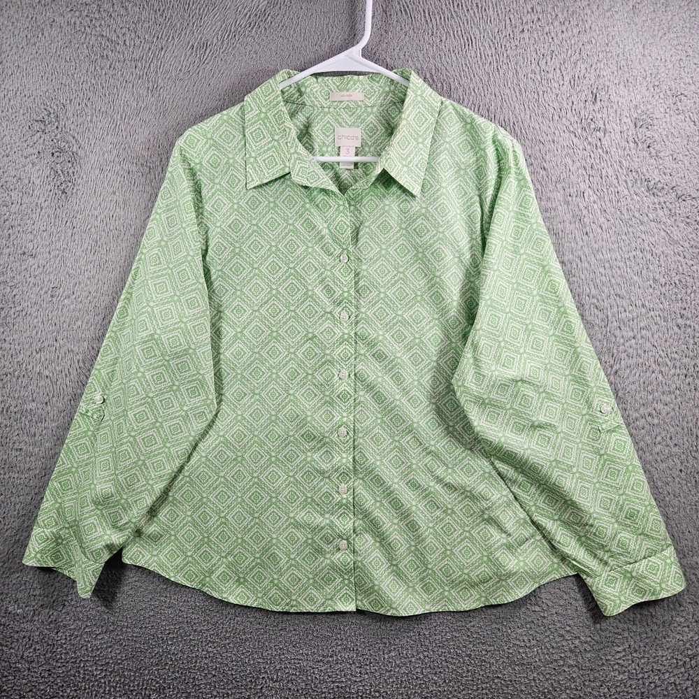 Chico's Shirt Top Women Size 3 Geometric Print Long Sleeve Green White‎